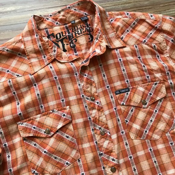 Southern Thread Orange Poker Plaid Western Pearl Snap Shirt - Picture 3 of 6